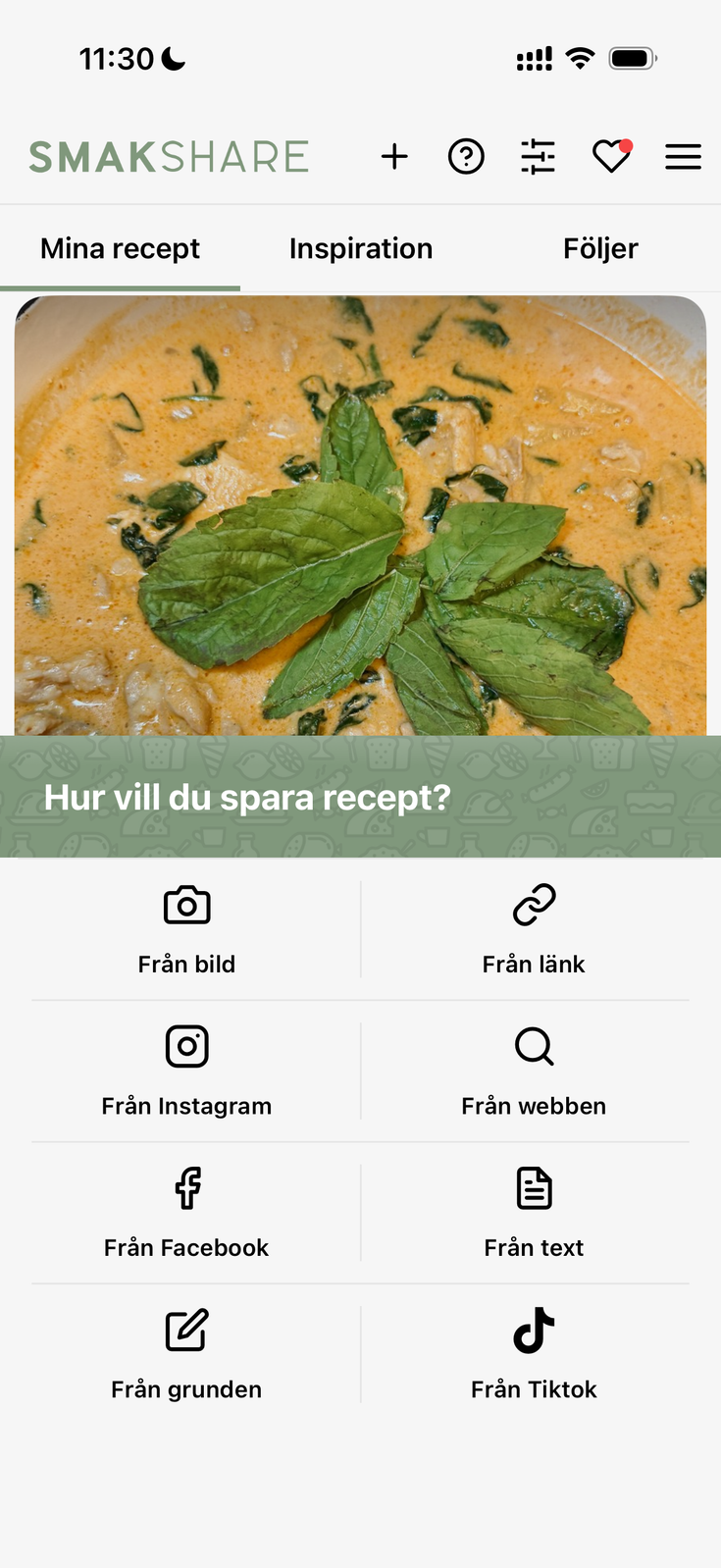 SmakShare-appen som visar kokböcker och matplanering