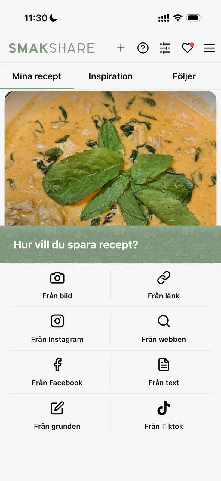 SmakShare-appen som visar kokböcker och matplanering