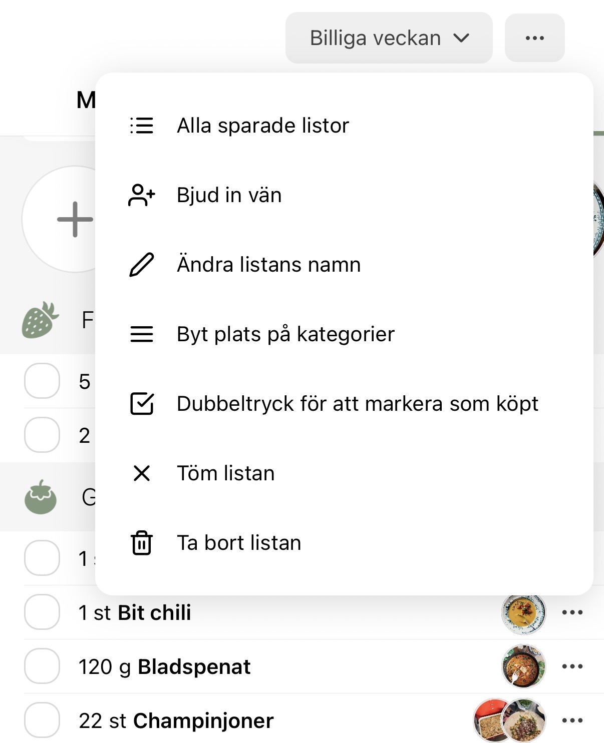 Dela matplanering och inköpslista med vänner i SmakShare
