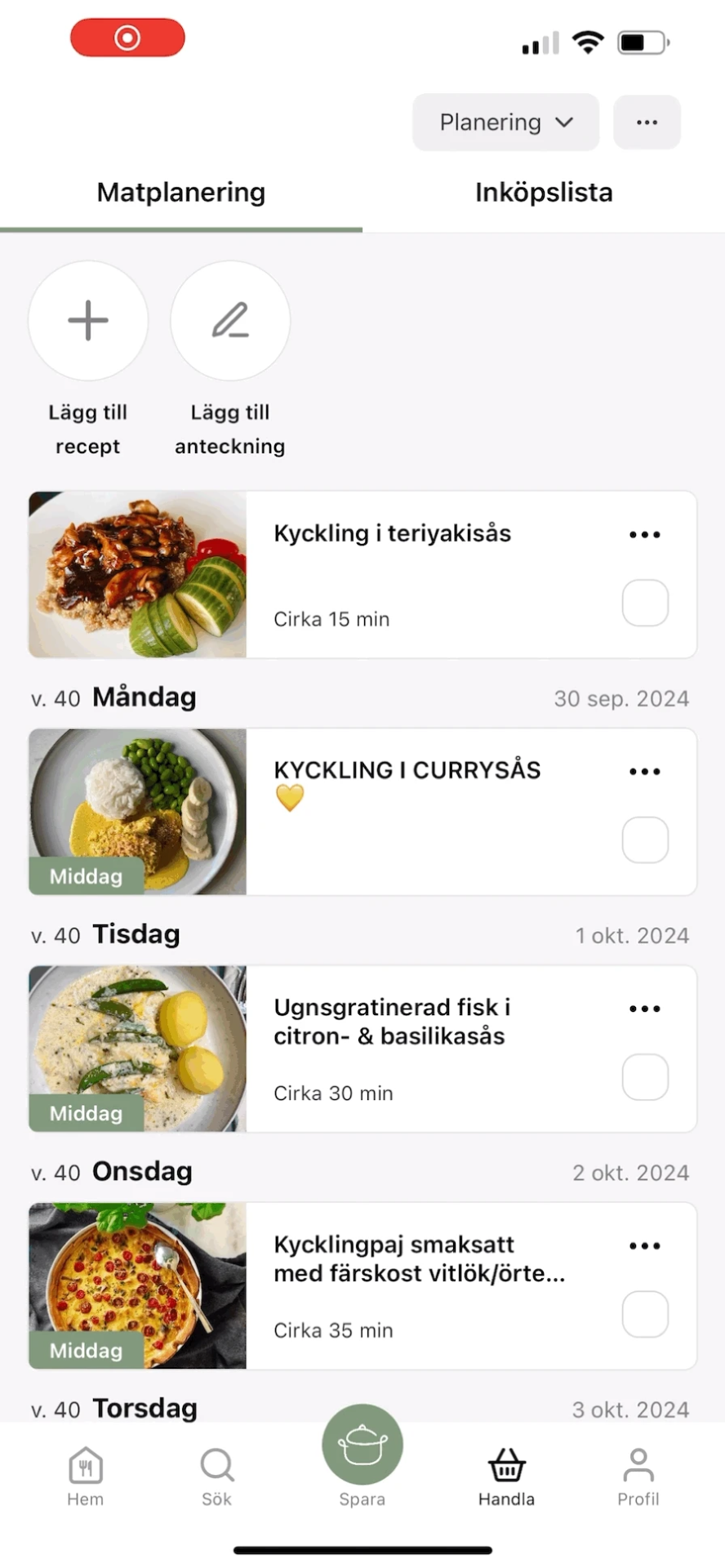 Matplanering i SmakShare-appen