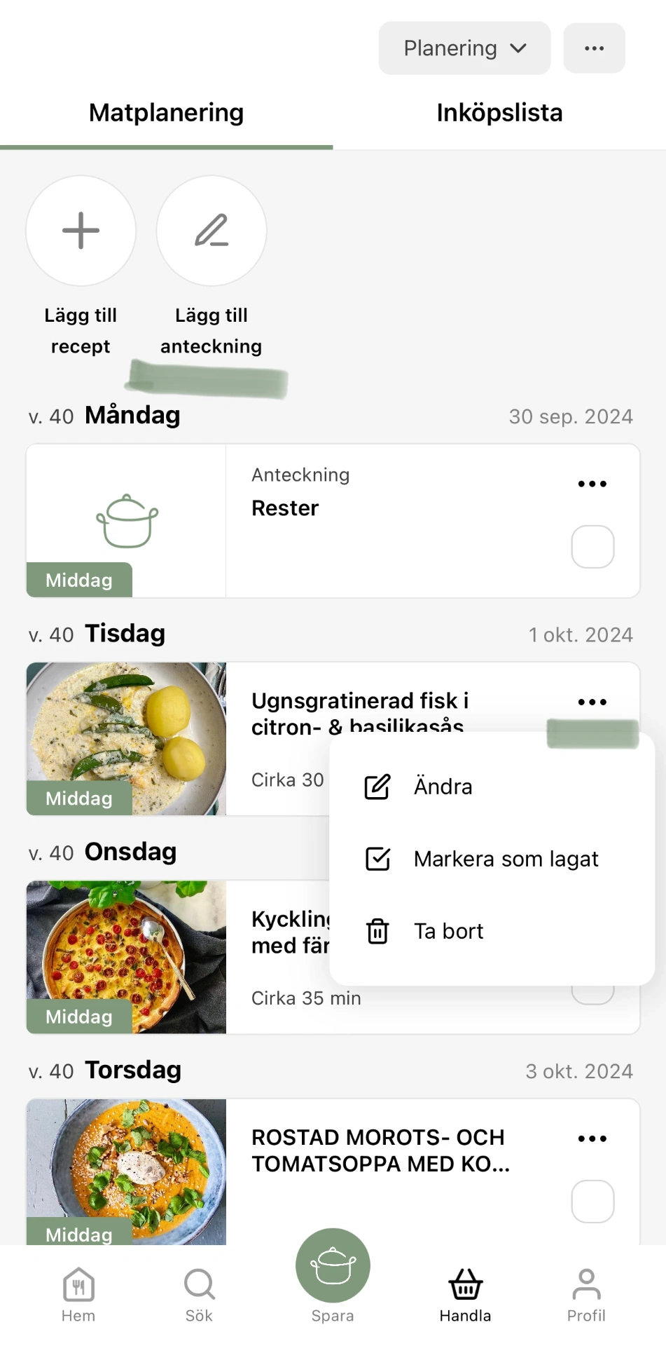 Extra funktioner i matplaneringen i SmakShare