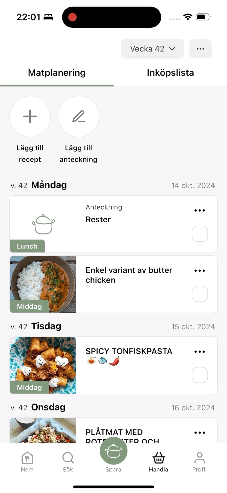 Matplanering i SmakShare-appen